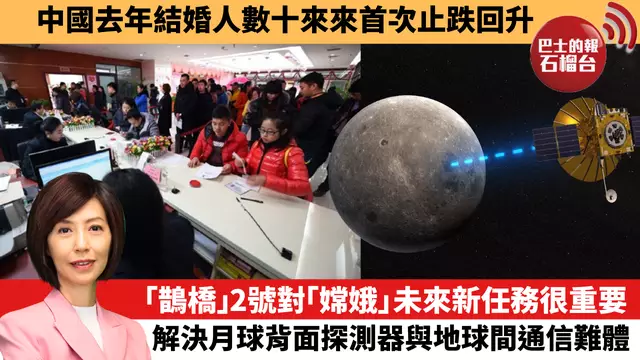 李彤「十分鐘看中國」中國去年結婚人數十來來首次止跌回升。「鵲橋」2號對「嫦娥」未來新任務很重要，解決月球背面探測器與地球間通信難體。   24年3月20日