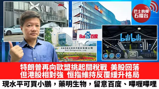 特朗普再向歐盟挑起關稅戰，美股回落，但港股相對強。恒指維持反覆緩升格局，現水平可買小鵬，藥明生物，留意百度、嗶喱嗶哩。5月25日