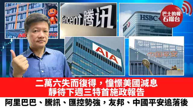 二萬六失而復得，憧憬美國減息，靜待下週三特首施政報告，阿里巴巴、騰訊、匯控勢強，友邦、中國平安追落後。 9月12日