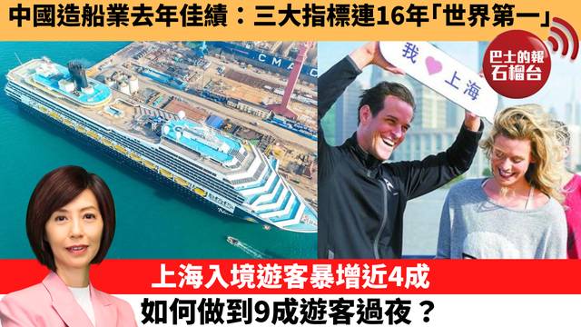 李彤「十分鐘看中國」中國造船業去年佳績：三大指標連16年｢世界第一｣。上海入境遊客暴增近4成，如何做到9成遊客過夜？ 26年2月2日
