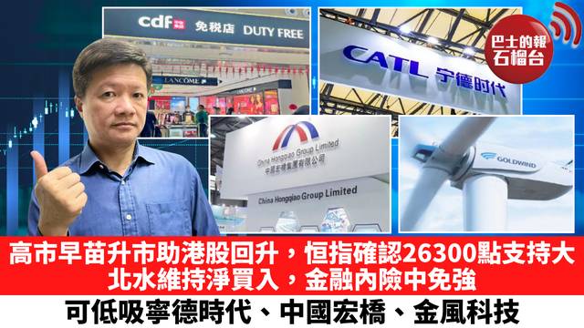 高市早苗升市助港股回升，恒指確認26300點支持大，北水維持淨買入，金融內險中免強，可低吸寧德時代、中國宏橋、金風科技。 2月10日