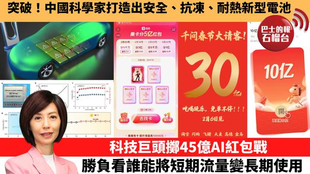 李彤「十分鐘看中國」突破！中國科學家打造出安全、抗凍、耐熱新型電池。科技巨頭擲45億AI紅包戰，勝負看誰能將短期流量變長期使用。 26年2月20日
