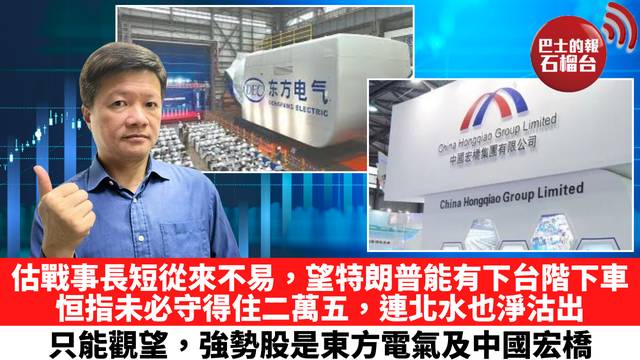 估戰事長短從來不易，望特朗普能有下台階下車，恒指未必守得住二萬五，連北水也淨沽出，只能觀望，強勢股是東方電氣及中國宏橋。 3月6日