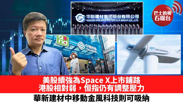 美股續強為Space X上市鋪路，港股相對弱，恒指仍有調整壓力，華新建材中移動金風科技則可吸納。 5月28日