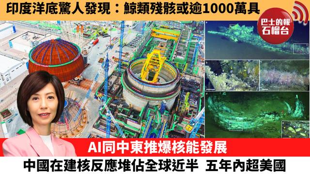 李彤「十分鐘看中國」印度洋底驚人發現：鯨類殘骸或逾1000萬具。AI同中東推爆核能發展，中國在建核反應堆佔全球近半，五年內超美國。  26年6月12日