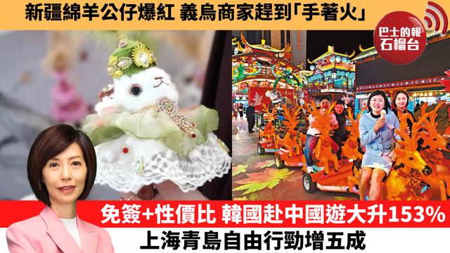 李彤「十分鐘看中國」新疆綿羊公仔爆紅，義烏商家趕到｢手著火｣。免簽+性價比，韓國赴中國遊大升153%，上海青島自由行勁增五成。  26年6月19日