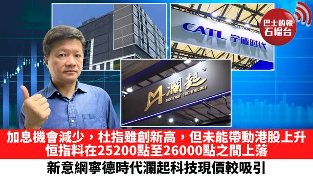 加息機會減少，杜指雖創新高，但未能帶動港股上升，恒指料在25200點至26000點之間上落，新意網寧德時代瀾起科技現價較吸引。 8月10日