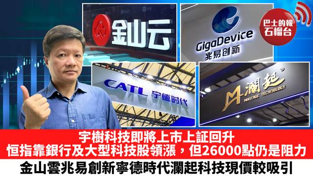 宇樹科技即將上市上証回升，恒指靠銀行及大型科技股領漲，但26000點仍是阻力，金山雲兆易創新寧德時代瀾起科技現價較吸引。 8月11日